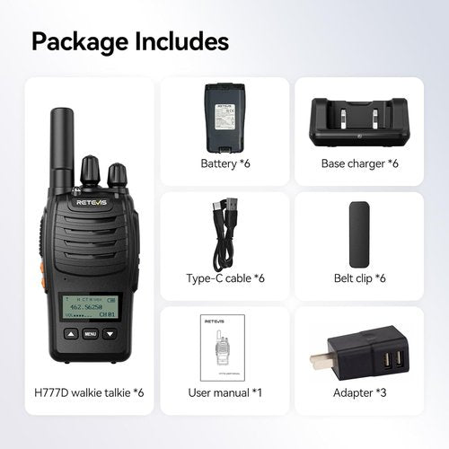 Retevis H777D Walkie Talkies for Adults with LCD Screen, Type-C Charging, FRS Long Range Handheld 2 Way Radio, Hand Free Rechargeable, for Business Restaurant Retail Church(6 Pack)