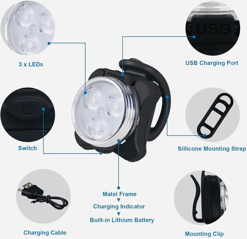 USB Rechargeable Bike Light Set, LED Front Headlight & Rear Tail Light, Waterproof Bicycle Light, 4 Modes, Silicone & Plastic, Bright LED, Outdoor Bike Lighting, Rechargeable Bicycle Light Set (1)
