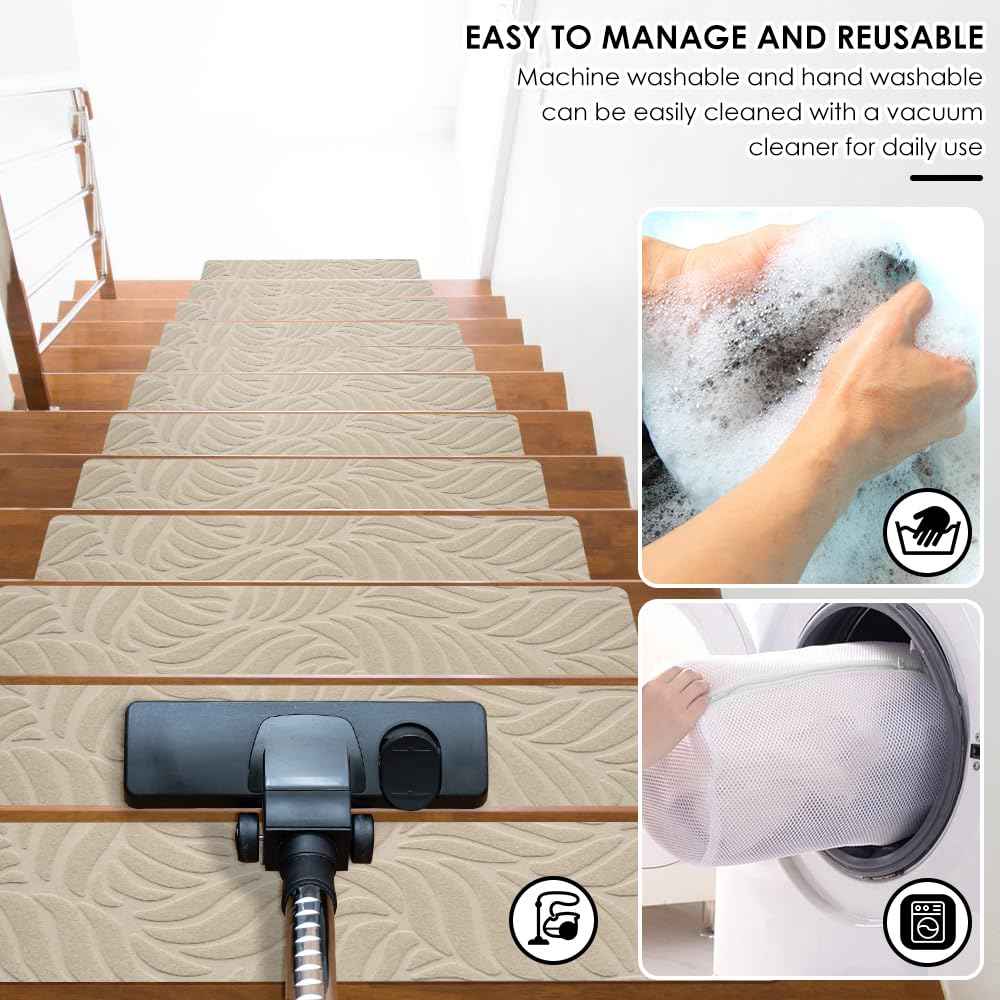 8" X 30" Stair Treads for for Wooden Steps,Non-Slip Carpet Step Treads Step Covers(15-Pack),Safety Rug Stair Tread Covers Indoor Stair Mats for Elders, Kids and Dogs (Leaf-Beige)