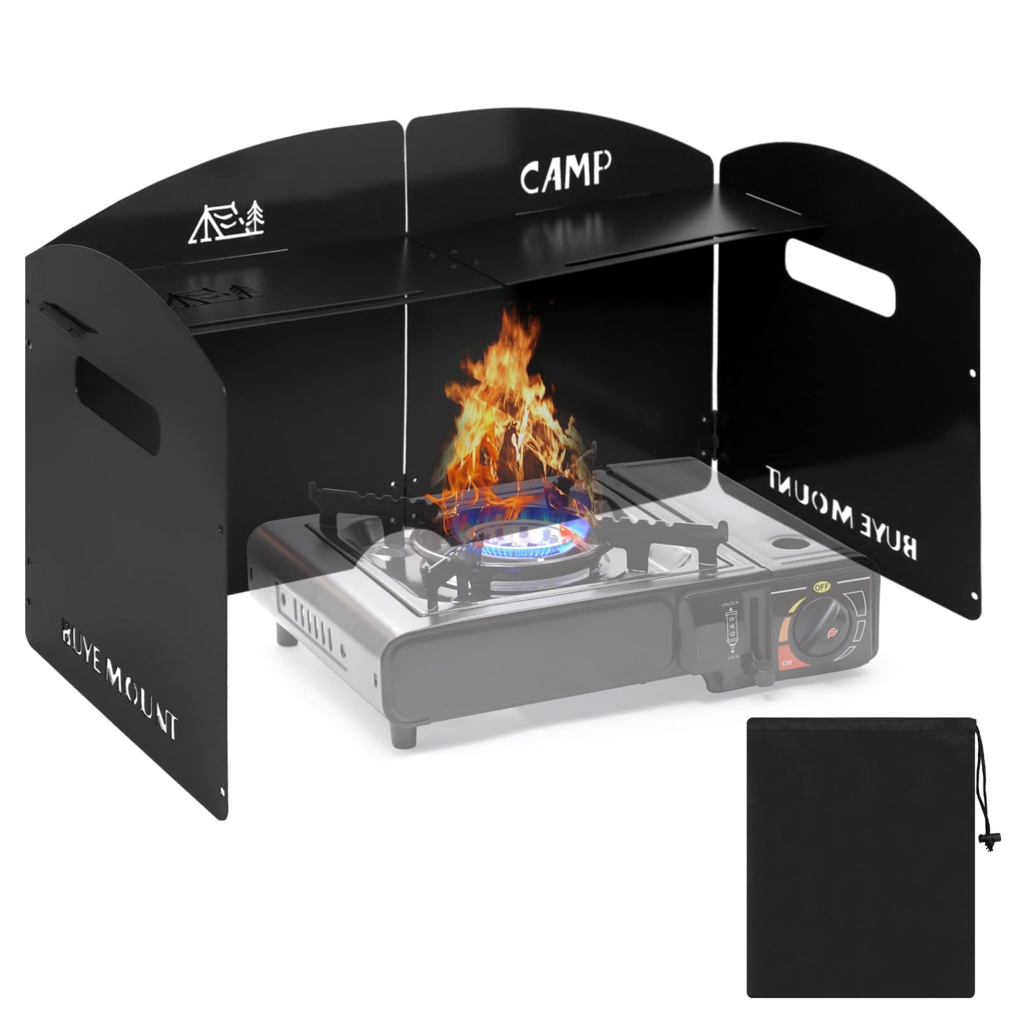 Black Camping Stove Windscreen 4 Plates Steel Camp Stove Windscreen Folding Outdoor Picnic Cooker Stove Wind Screen Windshield with Drawstring Bag for Camping, Hiking, Picnic, Backpacking, Cooking