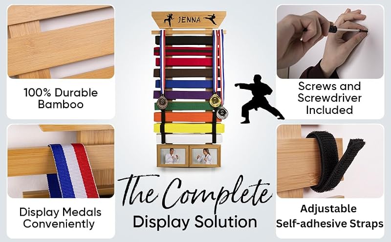 Bamboo Karate Belt Display Rack for 10 Belts with Custom Stickers & Hanging Kit - Optimus Depot