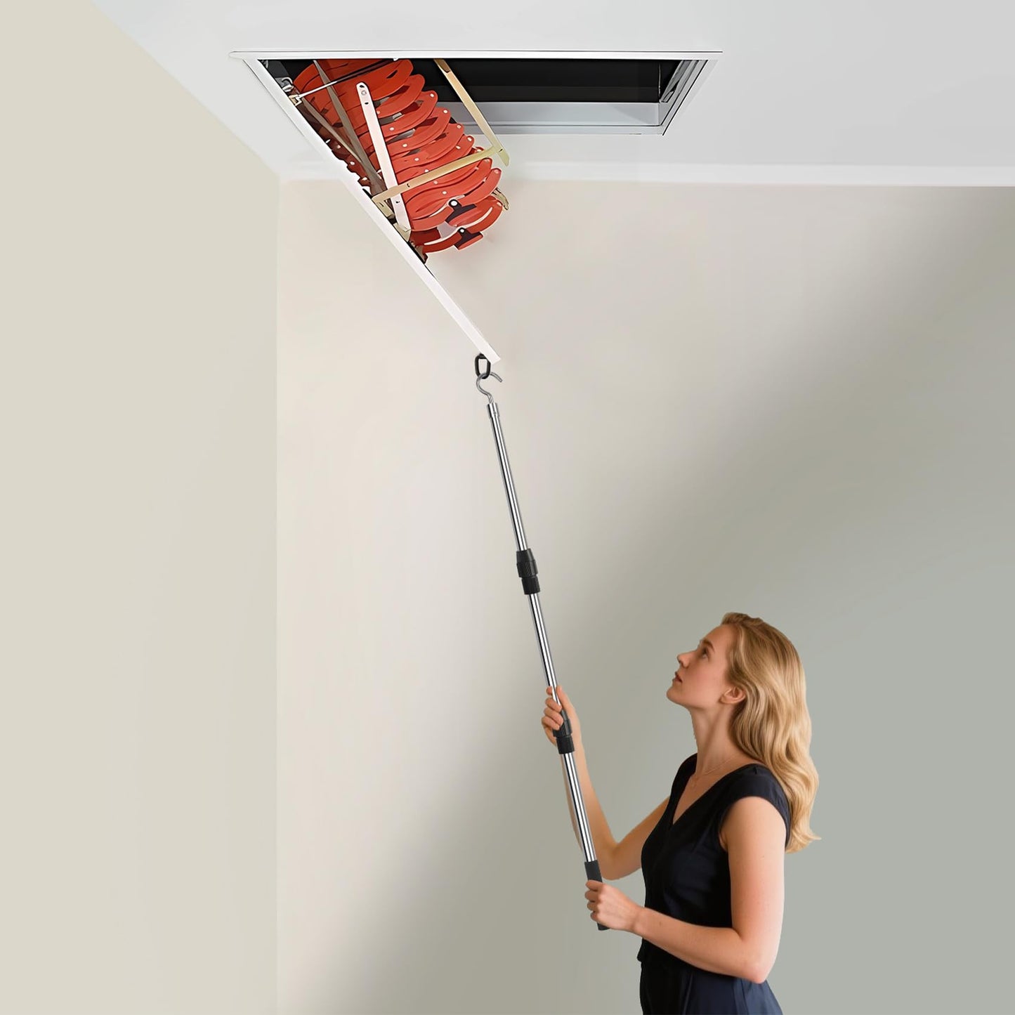 Attic Pull Down Hook, Extendable Attic Pull Rod, Attic Ladder Pull Down System Kit Contains One 40-Inch Telescopic Pole, 1 * D-Ring, 1 * O-Ring with Rope Around It