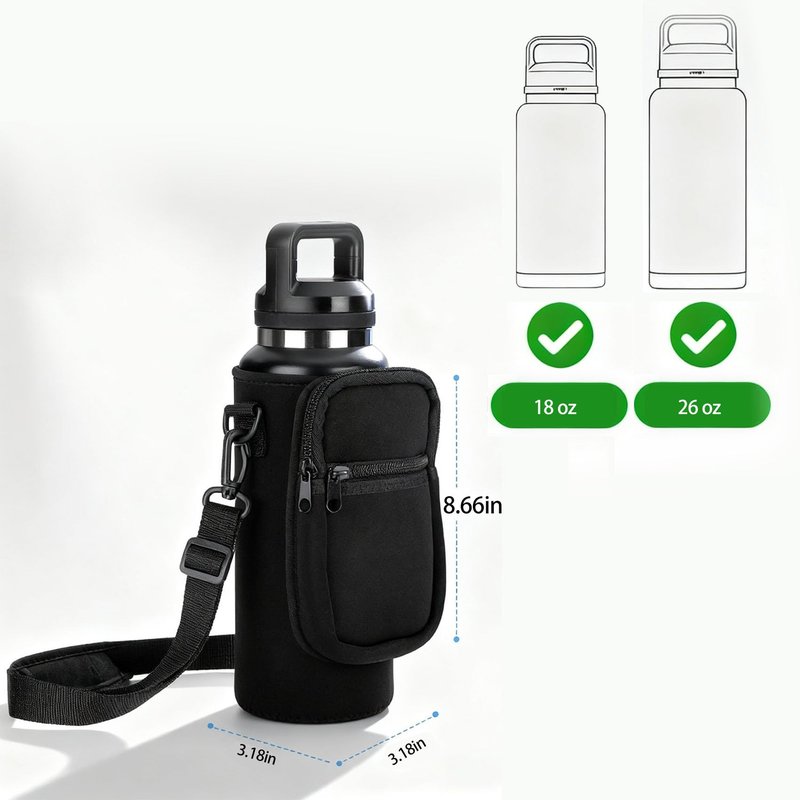 Water Bottle Sling Carrier Holder Bag, for YETI Rambler 18/26oz Yonder 25oz Water Bottle - Neoprene Sleeve, Adjustable Shoulder Strap & 2 Pockets -Perfect Sports Accessories for Hiking,(Black)