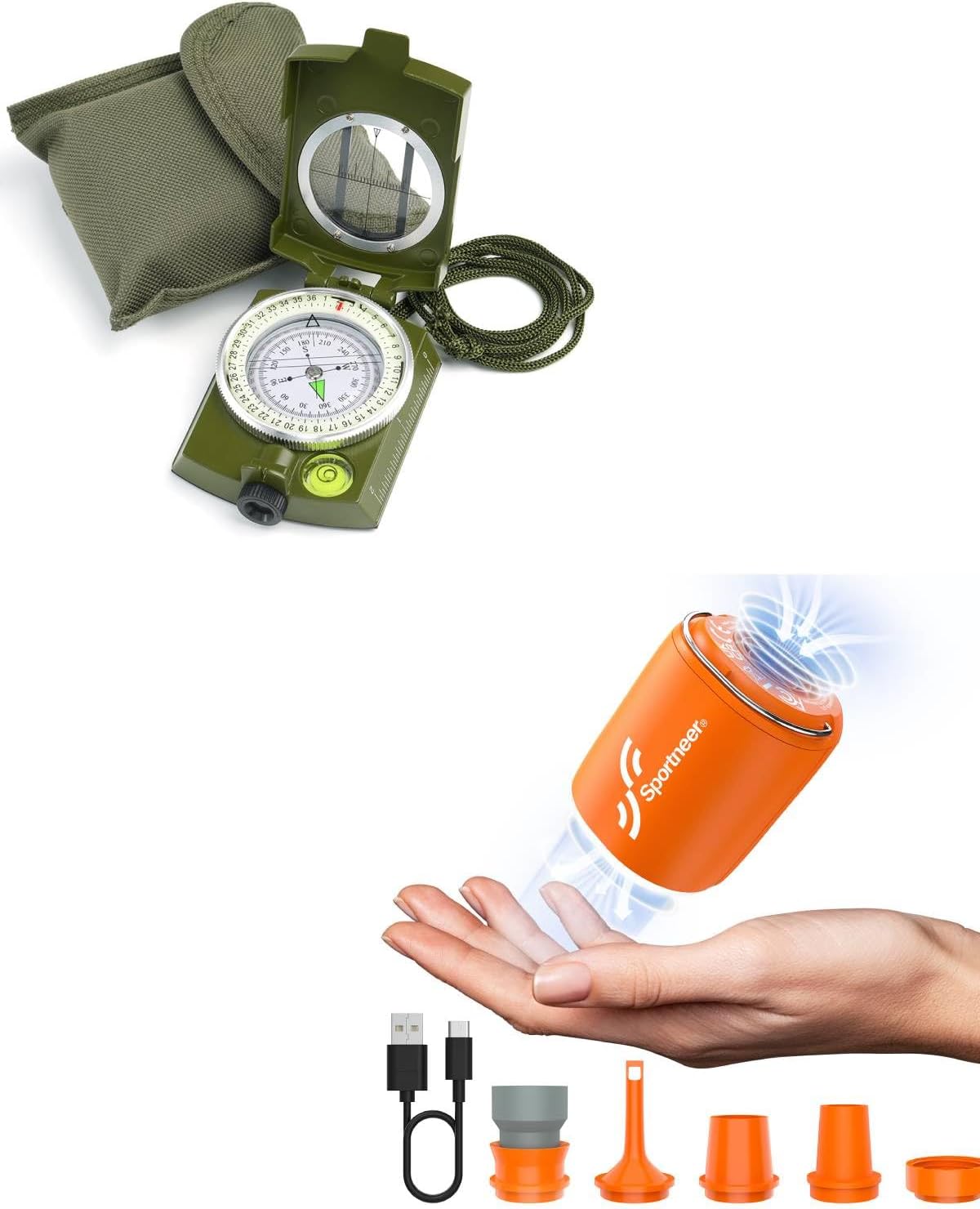 Sportneer Compass Hiking Survival Military Grade with Sighting Mirror + Tiny Portable Air Pump with Camping Light for Camping Hiking Outdoor