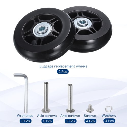 HiPicco Luggage Suitcase Replacement Wheels, 90x24mm Rubber Swivel Caster Bearings Repair Kit - Include 2 PU Bearing Wheels & Washers, Wrenches & Axle Screw for Trolley Bag, Caster Board