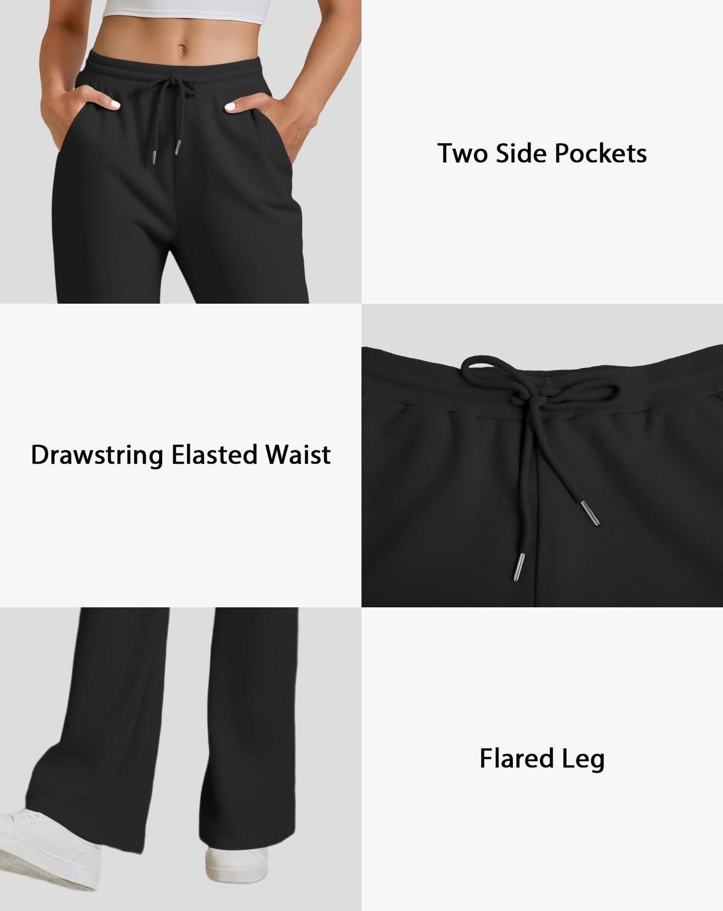 JEKAOYI Womens High Waisted Flared Sweatpants Drawstring Casual Lounge Lightweight Wide Leg Pants with Pockets Black