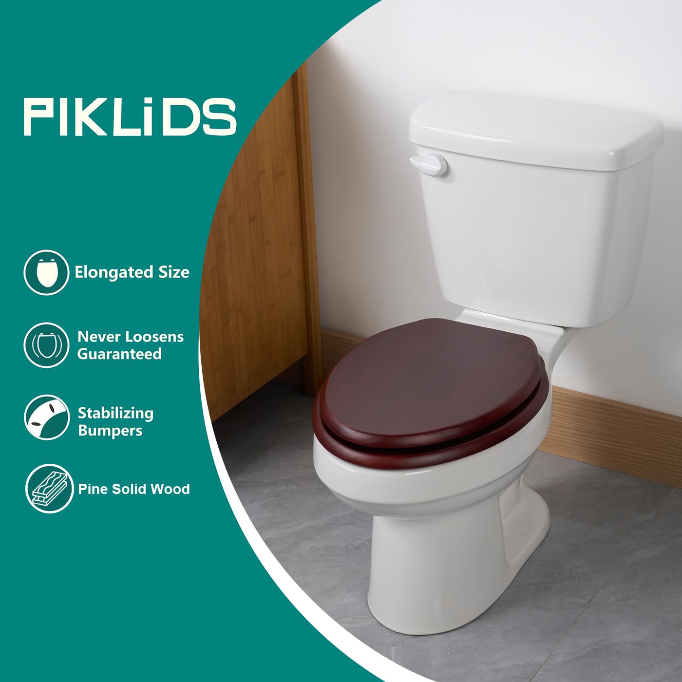 Toilet Seat, Solid Wood, Pine Wood, Matte Finish, Vintage Red Mahogany, PIKLiDS (Elongated)