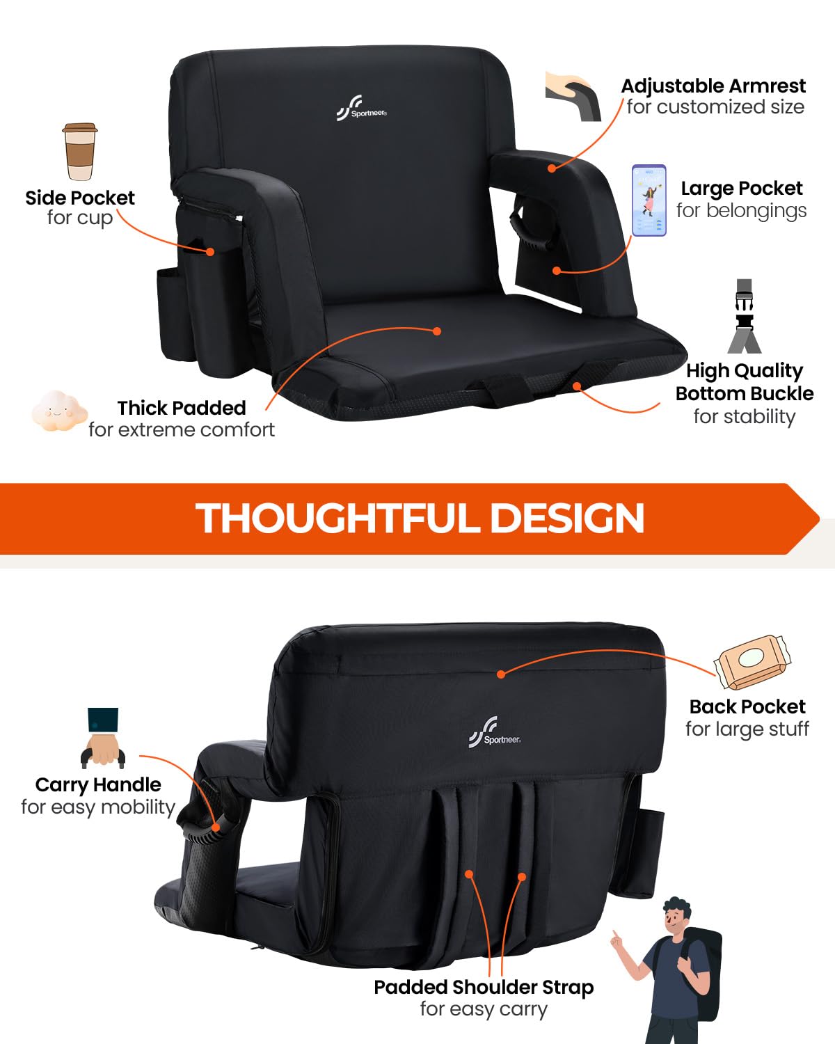 Sportneer Heated Stadium Seats for Bleachers: 3 Heated Modes 6 Reclining Positions Stadium Seats with Back Support for Sport Events Camping Parks Concerts