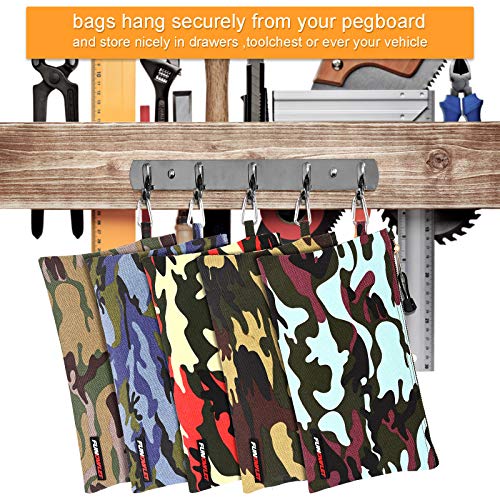 FunOwlet Canvas Tool Pouch Zipper Bag - 5 Pack Heavy Duty Utility Camo Bags with Carabiner, Multi-Purpose Storage Organizer Clip on Tote Pouches 12.5 x 7-Inch