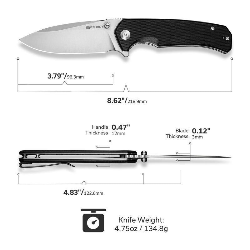 SENCUT Skarnax Pocket Knife for Men, Folding Knife with 3.79" 9Cr18MoV Blade & G10 Handle, Lightweight Everyday Carry, Camping, Hunting, Outdoor (Black)