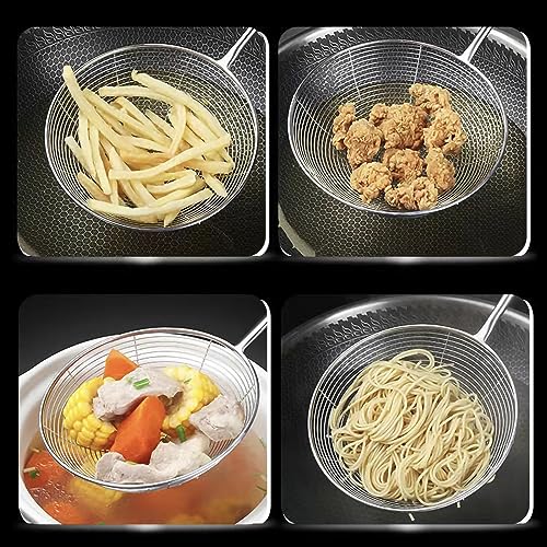 Stainless Steel Mesh Skimmer Spoon with Wooden Handle - 5.4 Inch Deep Fryer & Pasta Strainer