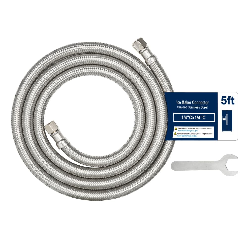 5ft Ice Maker Water Line Stainless Steel Braided – Flexible Refrigerator Water Supply Tube with 1/4" Quick Connect Fitting, Universal Fit