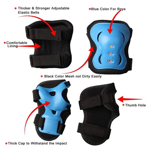 Kids Skateboard Protective Gear Boys Bike Helmet and Knee Pads Set with Elbow Pads Adjustable for 5-12 Years Kids Bicycle Roller Skates Kick Scooter Hoverboard Blue