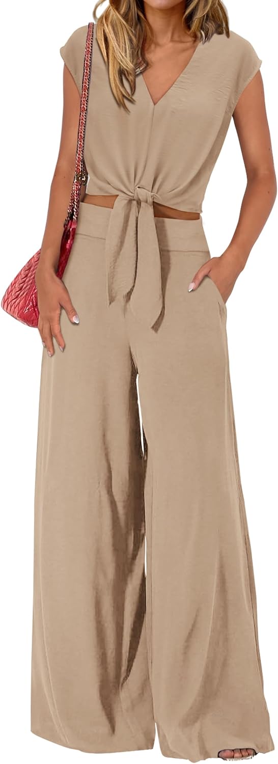 PrettyGarden Women's Summer 2-Piece Outfit - Cap Sleeve V-Neck Crop Top & Wide Leg Pants Set