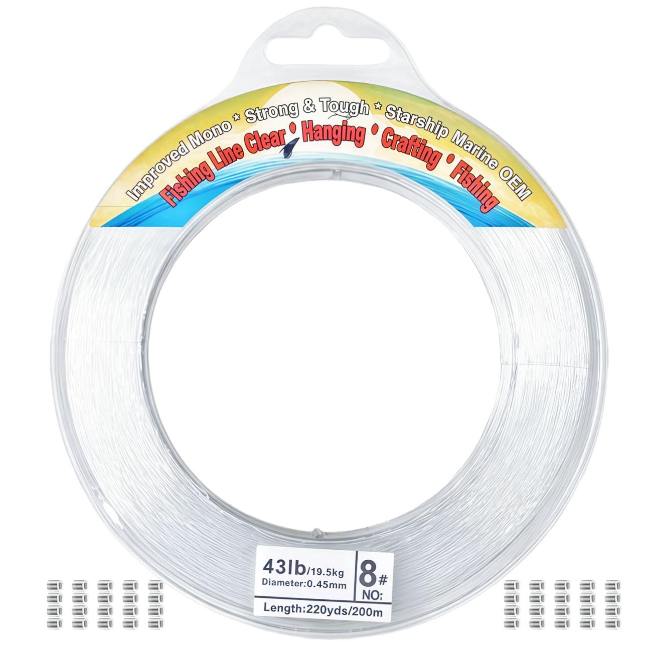 Aboda Clear Fishing Line 0.2-1 mm, Strong Invisible Nylon Fishing Wire 8-100 lb Test Includes Crimp Sleeves, Clear String for Hanging Decorations Balloons Garlands Beading Crafts & Jewelry