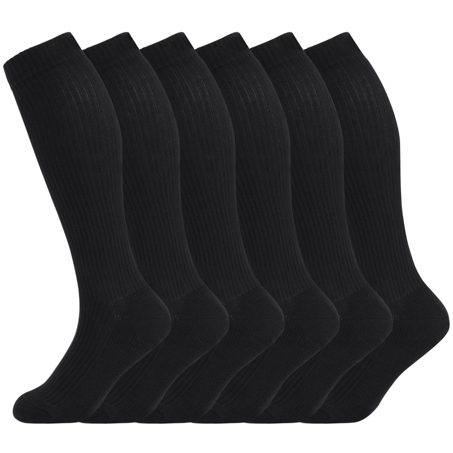 +MD Cotton Compression Socks for Women & Men 6 Pairs 15-20mmHg Knee High for Sports, Travel, Nursing, Long Sitting Standing 6Black 10-13