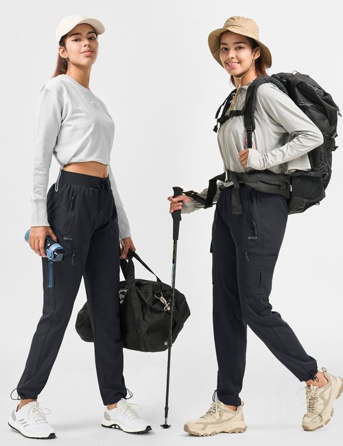 BVVU Women's Hiking Pants - Lightweight Quick-Dry Waterproof Cargo Joggers with Zipper Pockets