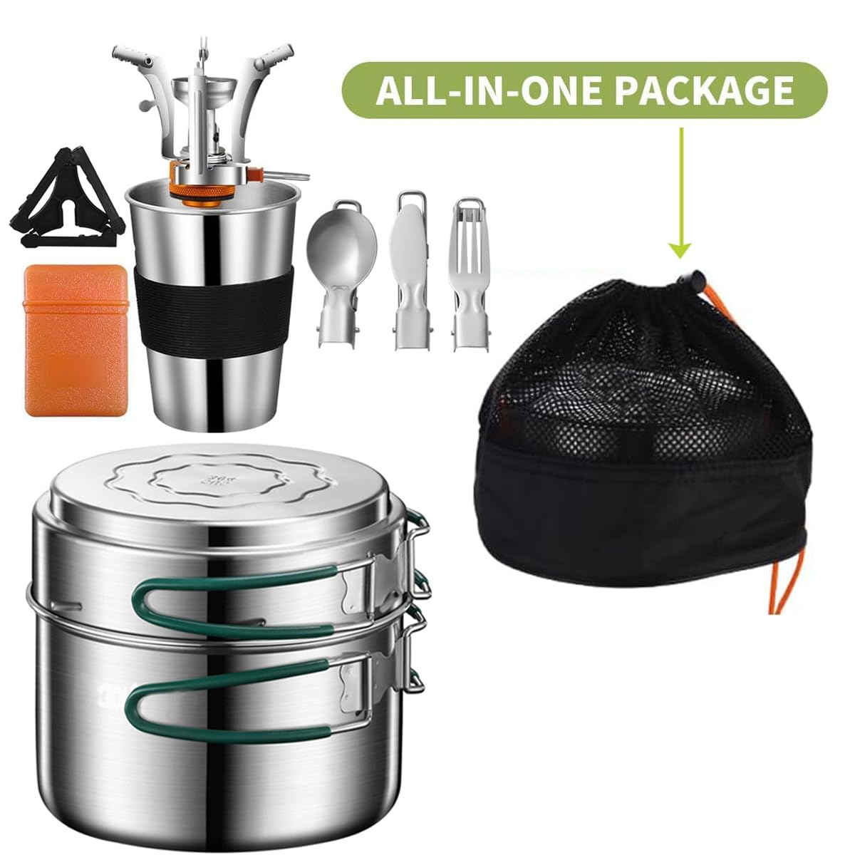 Camping Cookware Mess Kit, Stainless Steel Camping Cooking Set, Backpacking Cooking Set Backpacking Gear with Mini Stove for Camping,Backpacking,Picnic, Hiking