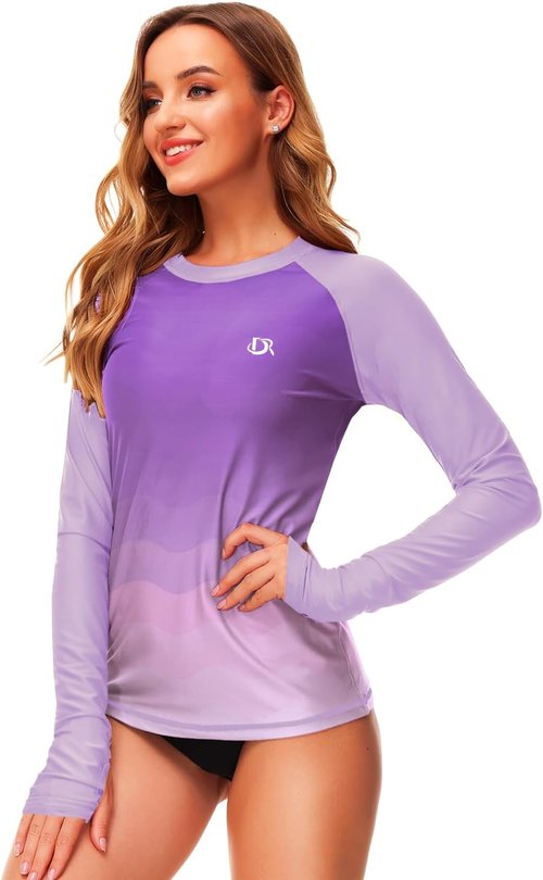 Deerose Women's Gradient Rash Guard - UPF 50+ Surfing Top with Thumb Hole | Stylish & Protective