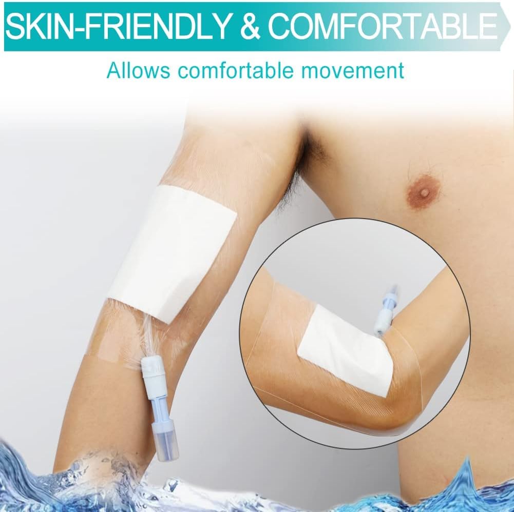 12"x15.7" Waterproof Dialysis Port Shower Covers Protector for Chest with No Glue On The Center, PICC Line Chest Port Shield Island Bandage Dressing Accessories, Pack of 7