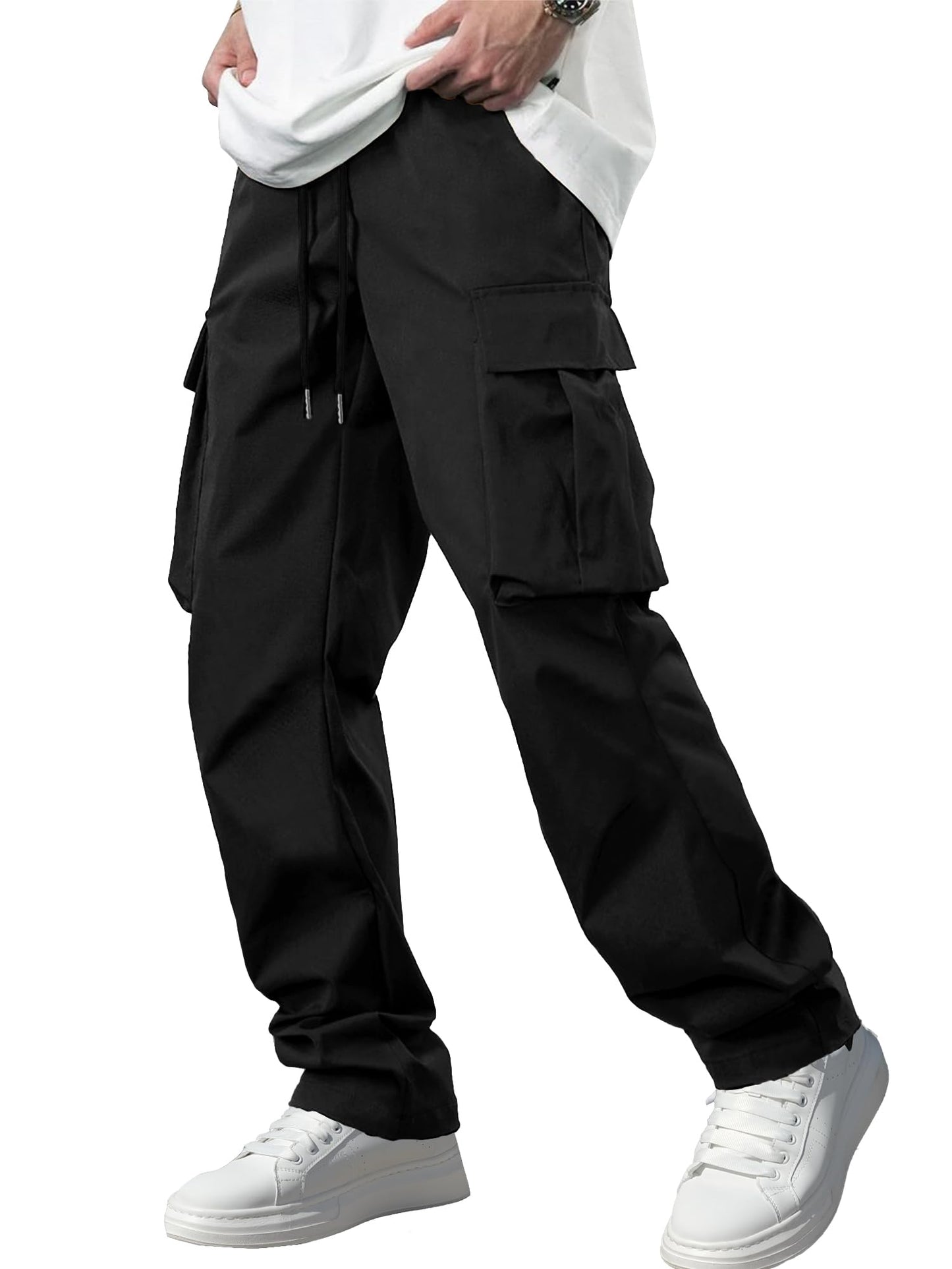 Comdecevis Men's Casual Cargo Pants Big and Tall Workout Joggers Stretch Baggy Sweatpants Hiking Drawstring Tactical Pants with Multi Pockets Black