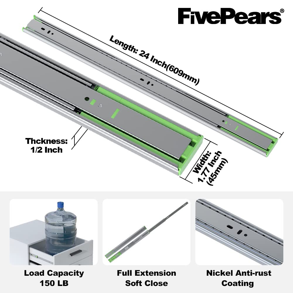 FivePears 6 Pairs 24 Inch Heavy Duty Soft Close Drawer Slides, 150 Lb Load Capacity Full Extension Ball Bearing Side Mount Drawer Runner, Rv Tool Box Kitchen Cabinet Drawer Self Closing Glide Rails