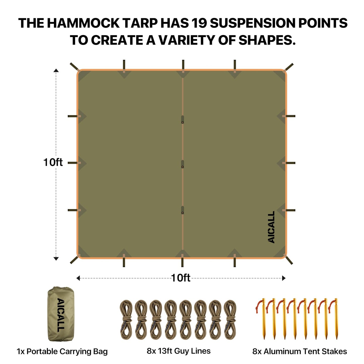 Waterproof Camping Tarp 10 x 10ft Survival Tent Backpacking Portable Tarp Multifunctional Anti-UV Shelter for Outdoor (Mud Green)