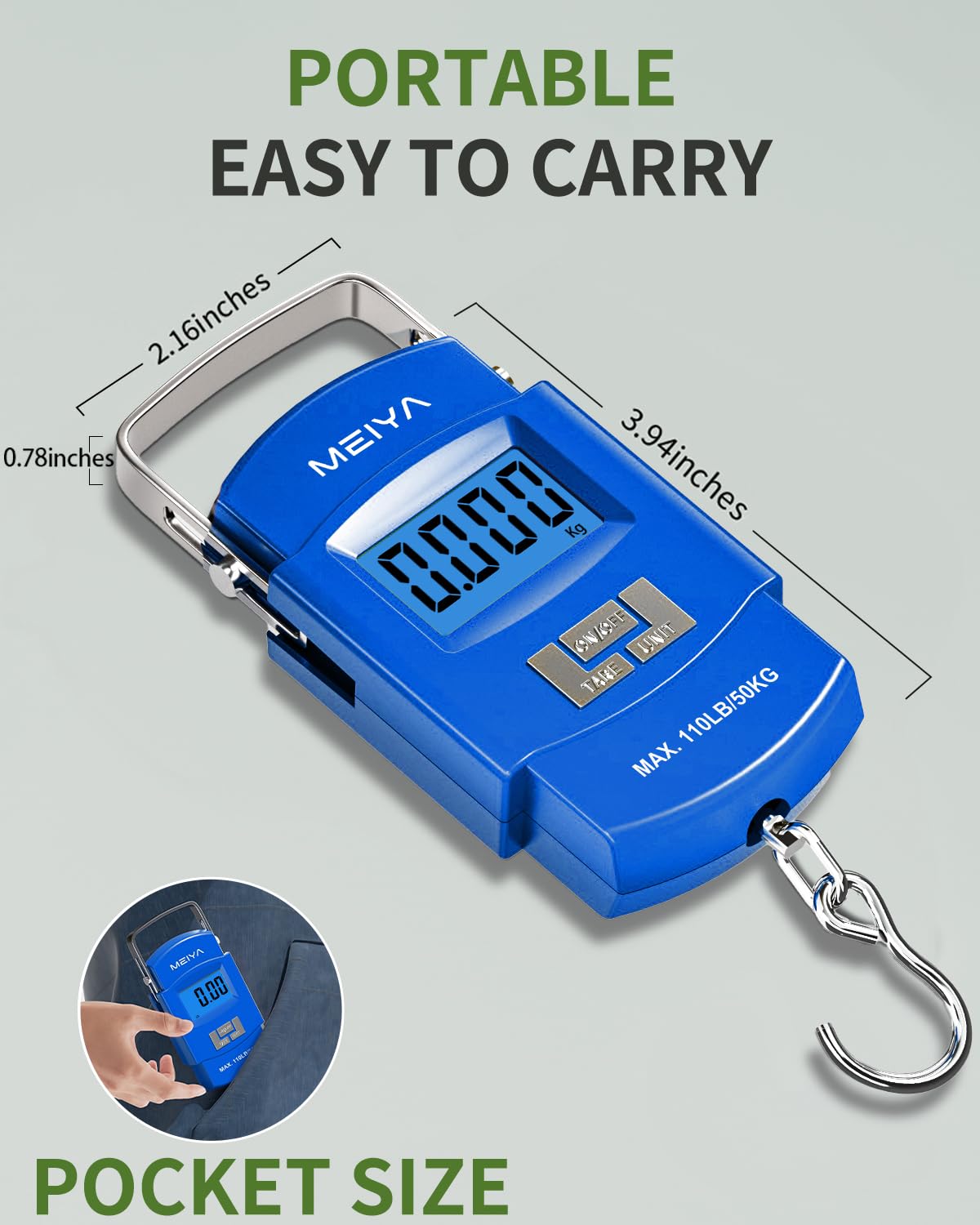 MEIYA Portable Luggage Scale - 110lb Digital Hanging Scale with Backlit LCD Display | Ideal for Travel & Fishing (Blue)