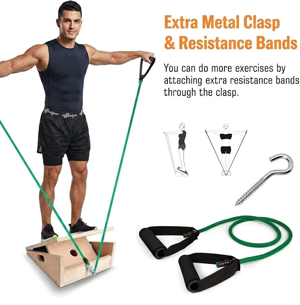3-in-1 Portable Wooden Slant Board, Balance Board & Resistance Band – 5 Incline Angles –Incline Board – Slant board for exercise, Squats, Physical Therapy – Anti-Slip Surface, Portable, Metal Hook