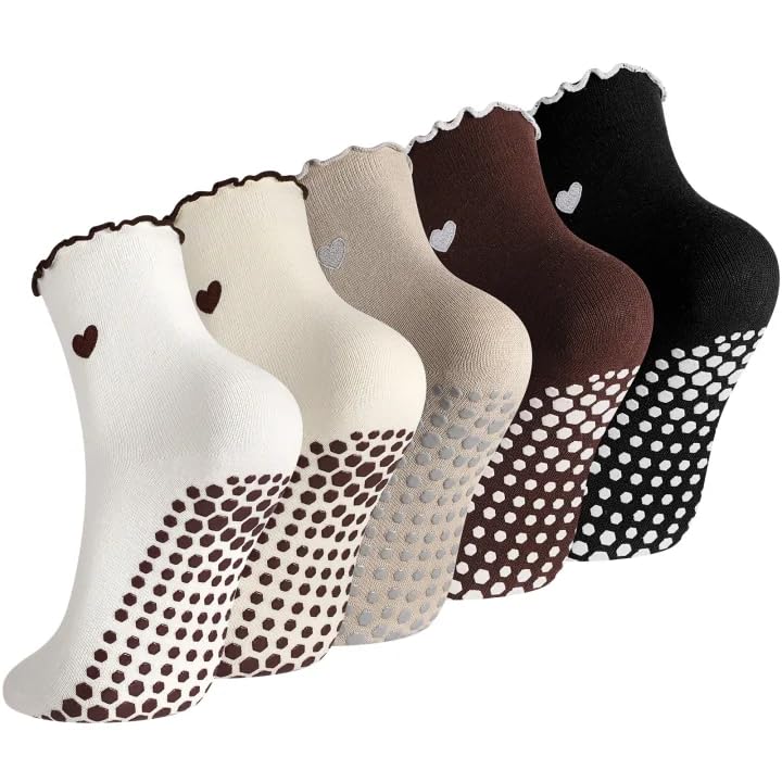 Cute Grippy Pilates Socks - Non-Slip Ruffle, 5 Pairs, Size 4.5-8.5 - White, Black, Beige, Khaki, Coffee Brown
