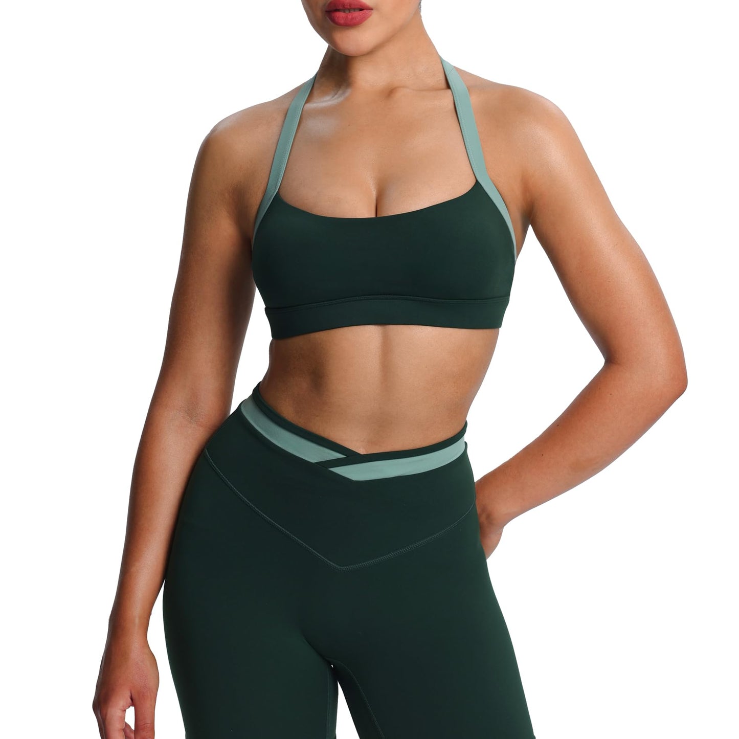 Aoxjox Women's Color Block Halter Workout Sports Bras Fitness Athletic Vanessa Bra Yoga Crop Tank (Forest Green/Sage Green, Small)