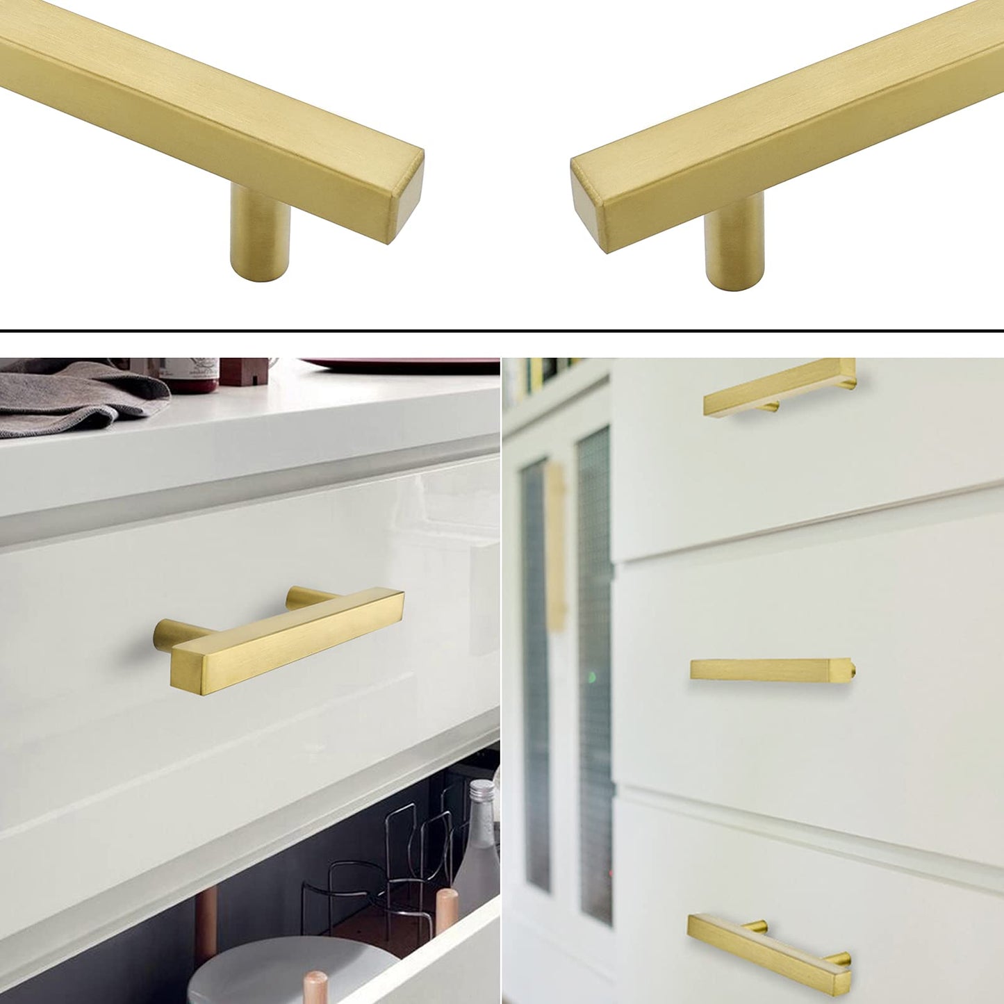 Goldenwarm Gold Cabinet Knobs Kitchen Hardware Drawer Pulls - LS1212GD128 Brushed Brass Cabinet Door Handles 5 Inch Hole Centers T Bar Square Bathroom Cabinet Pulls 30 Pack