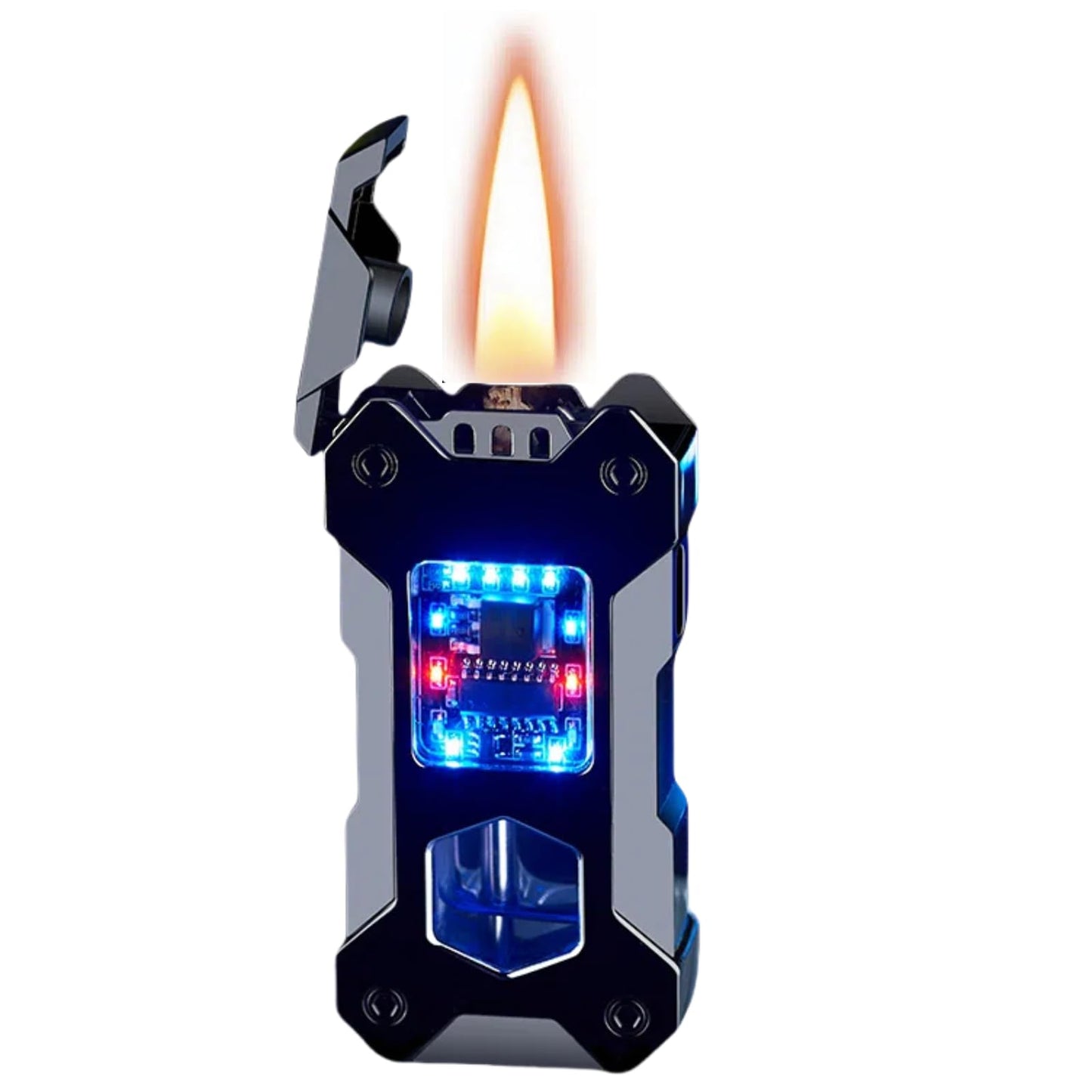 NINSI Smart Kerosene Lighter 4-Ignition Methods, Voice Activated Soft Flame Lighter, Metal Mecha Style Refillable Lighters with Cool Colorful Breathing Light (Ice Black, No Fuel)