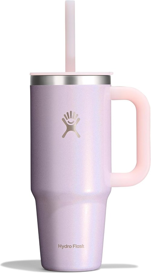 Hydro Flask Travel Tumbler - Insulated Stainless Steel with Handle, Lid & Straw | 24 Oz Glimmer Pink