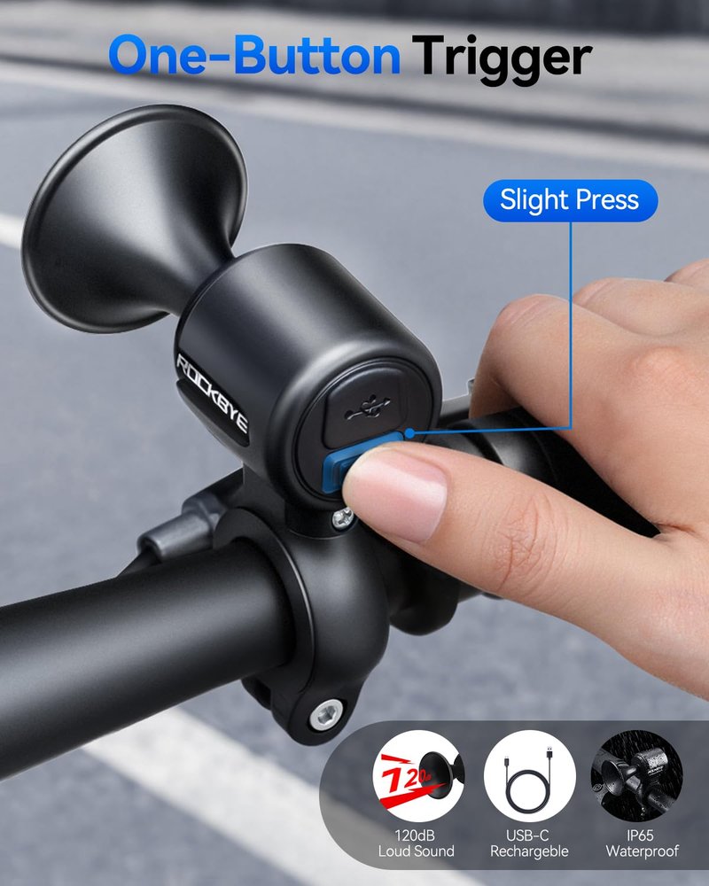 POWVINE Electric Bike Horn 120dB Loud Bike Horn for 22.2-25.5mm Round Handlebars, USB Rechargeable Bicycle Horn, IP65 Waterproof, Easy Install for Mountain Bike/E-Bike/Scooter/Adults
