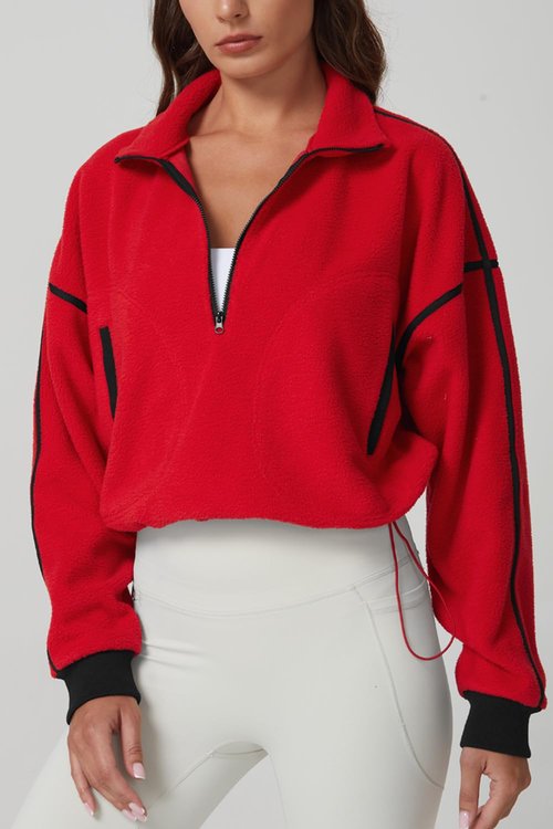 QINSEN Half Zip Fleece Pullover for Women Active Winter Warm Crop Sweater Drawstring Fit Top Red S