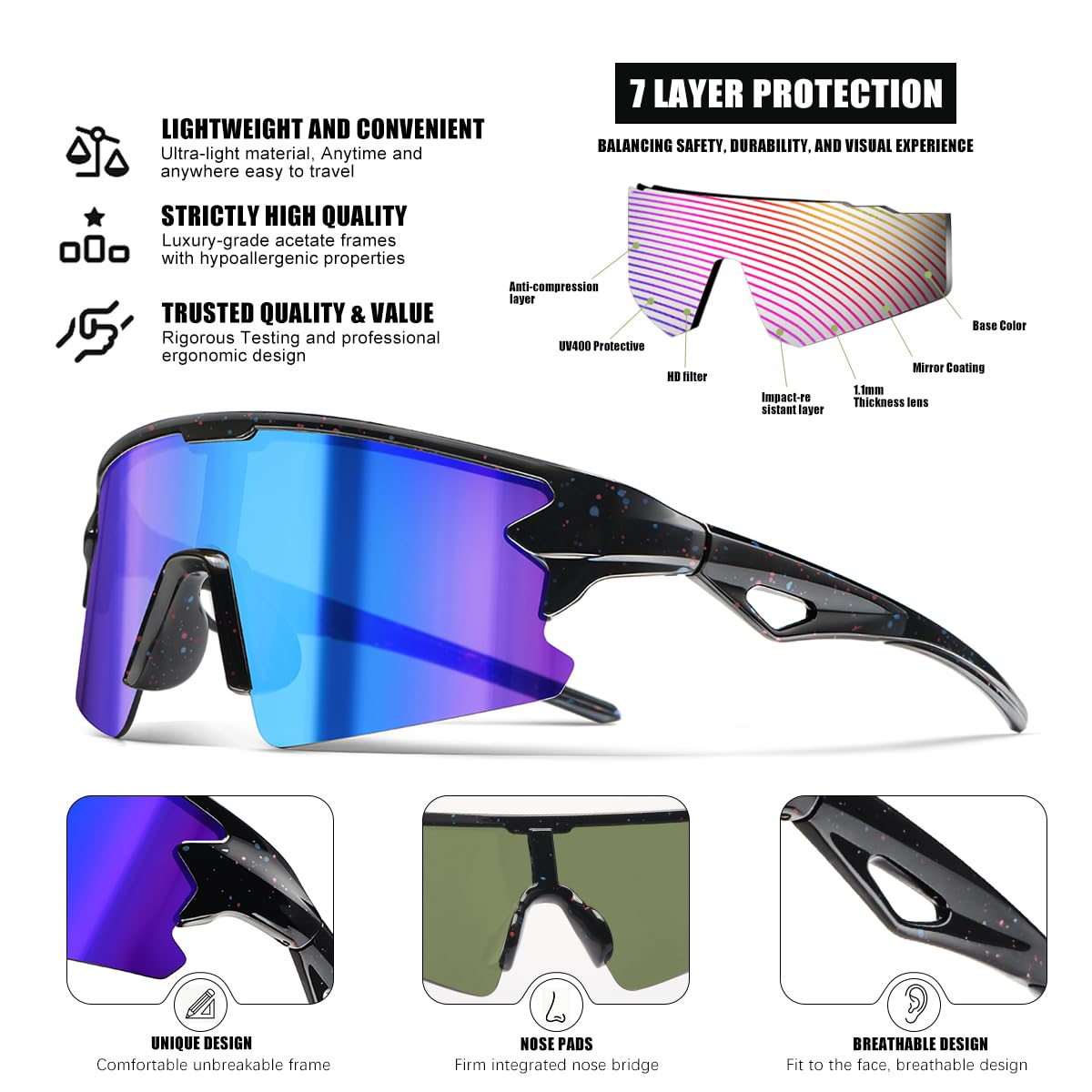 SQOQS Youth Baseball Sunglasses for Boys Girls Kids Sports Sun Glasses Softball Cycling UV400 Protection Ages 3-14