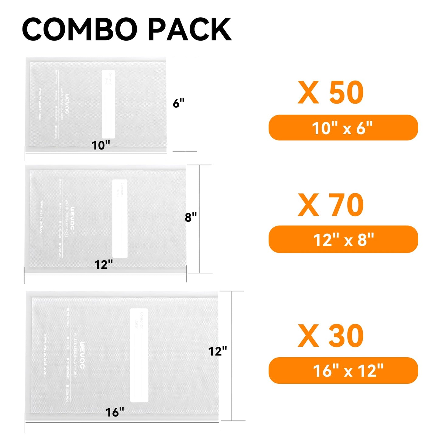 Wevac Vacuum Sealer Bags,150Pcs Gallon 11"x16", Quart 8"x12", Pint 6"x10"