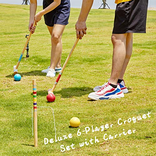 Six Player Croquet Set - 28 Inch Wooden Mallets, Balls & Carry Bag
