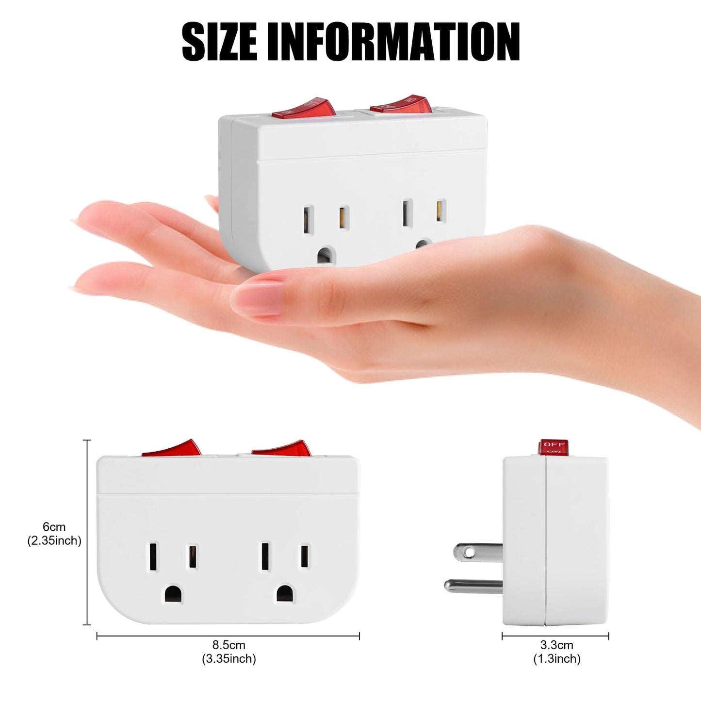 Grounded Outlet with Double ON Off Switch,VSEER 2 Port Electrical Outlet Plug Switch 15A 1875W / Wall Tap Adapter with Daul Red Indicator, ETL Listed (White 2-Pack)