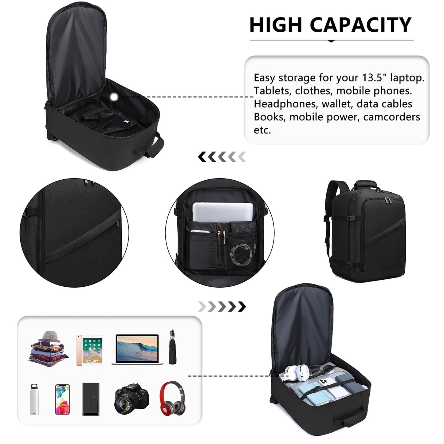 Kono Carry on Backpack, 18" Airplane Approved Under Seat Travel Backpack for Men and Women, Waterproof Lightweight Daypack for Flight 30L (Black, Medium)