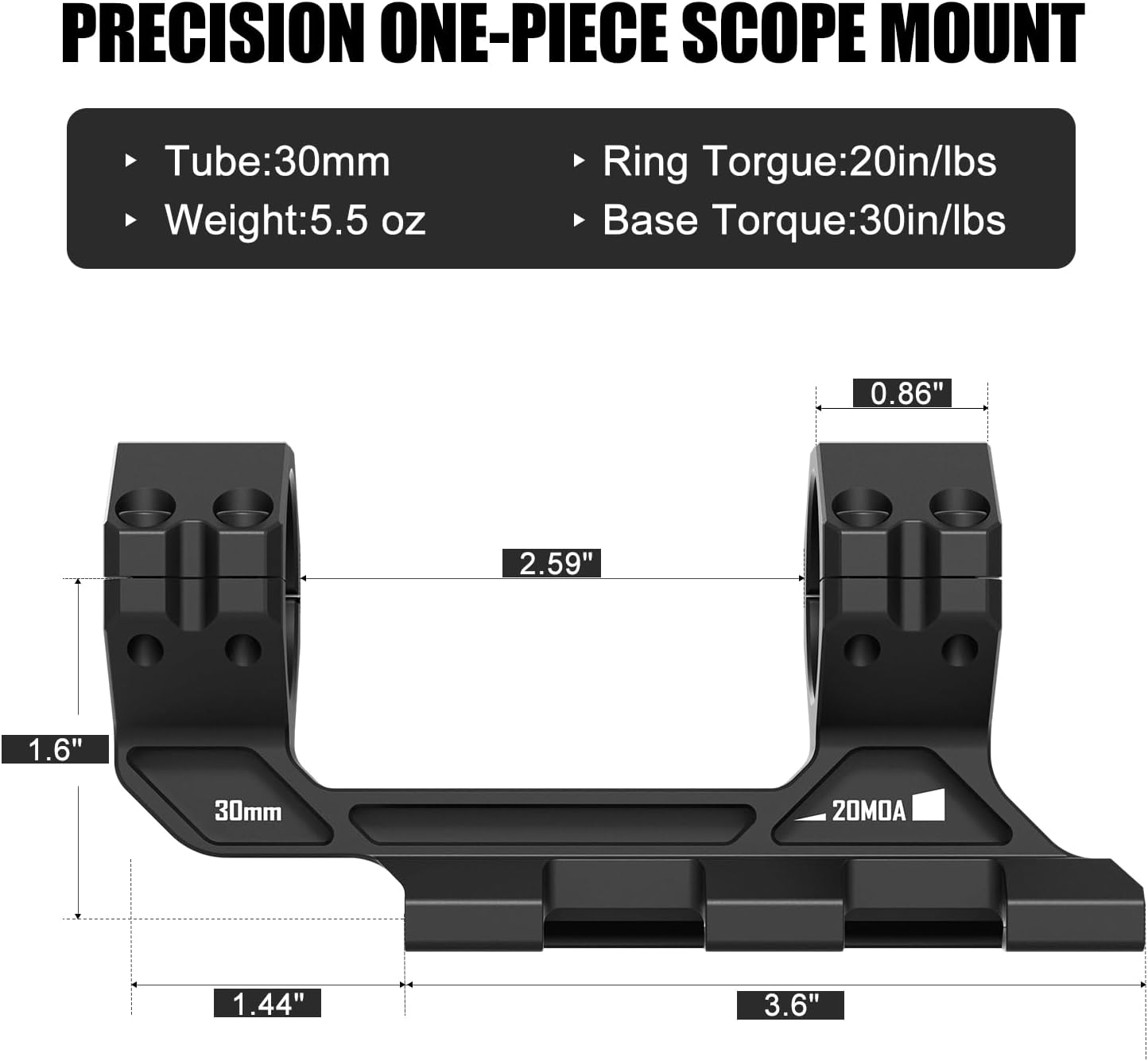 One-Piece High Precision 20 MOA Cantilever Scope Mount by [Brand Name] - 34mm/30mm Tube for Picatinny Rail