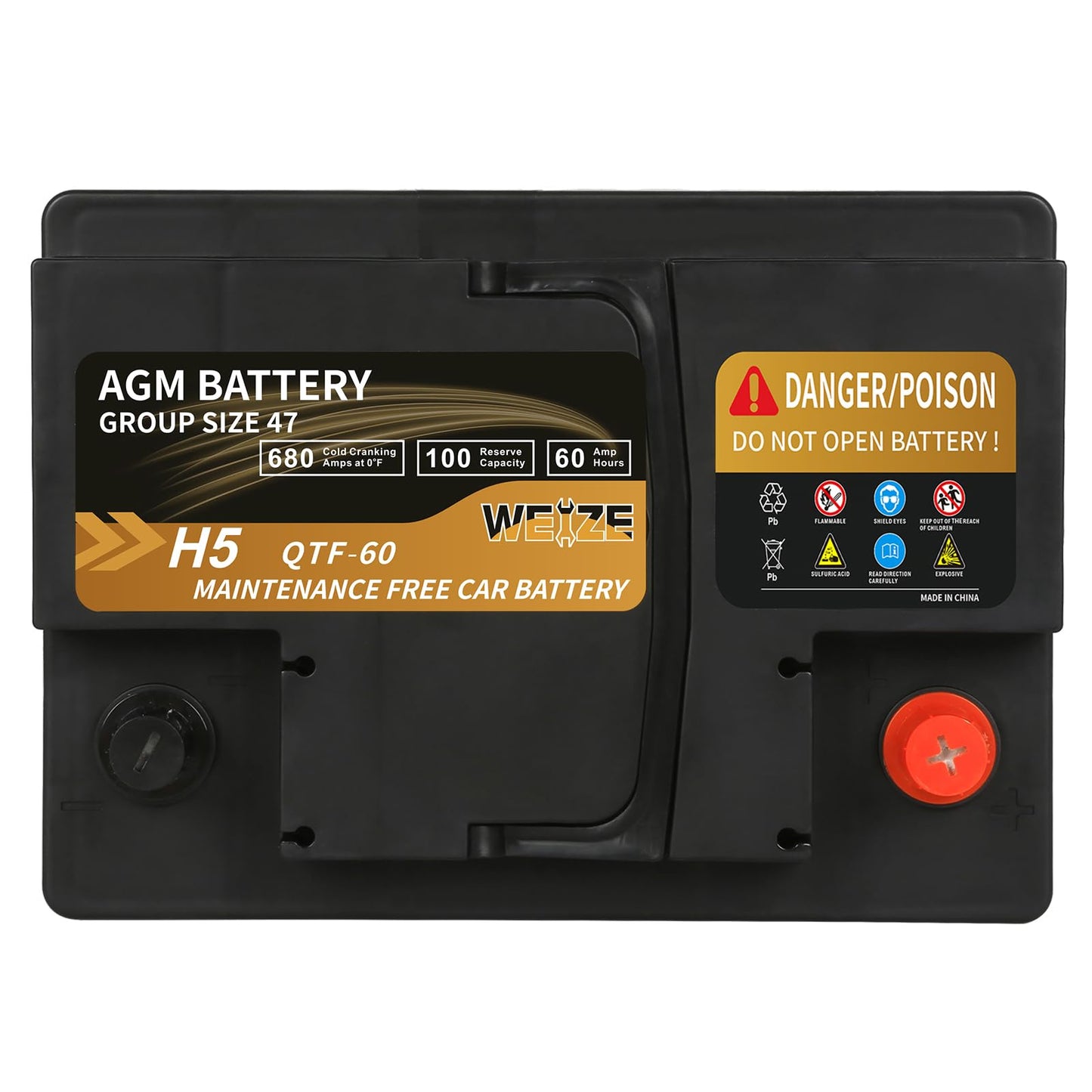 Weize Platinum AGM Battery BCI Group 47-12v 60ah H5 Size 47 Automotive Battery, 100RC, 680CCA, 36 Months Warranty, Dimensions 9.52" L x 6.89" W x 7.48" H