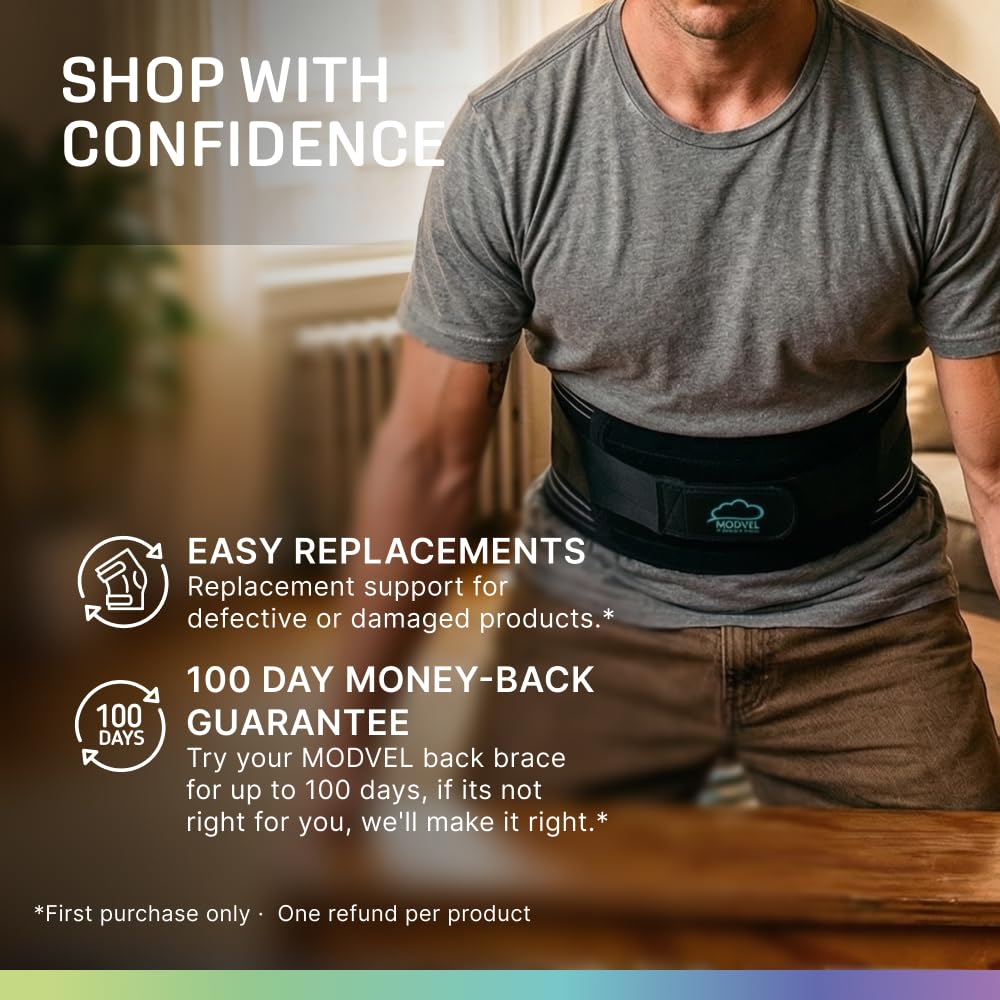 Modvel Back Brace for Lower Back Pain Women and Men – Lumbar Support Belt for Sciatica, Herniated Disc, Muscle Strain – Adjustable Breathable Work Brace with 6 Stays – Support for Posture