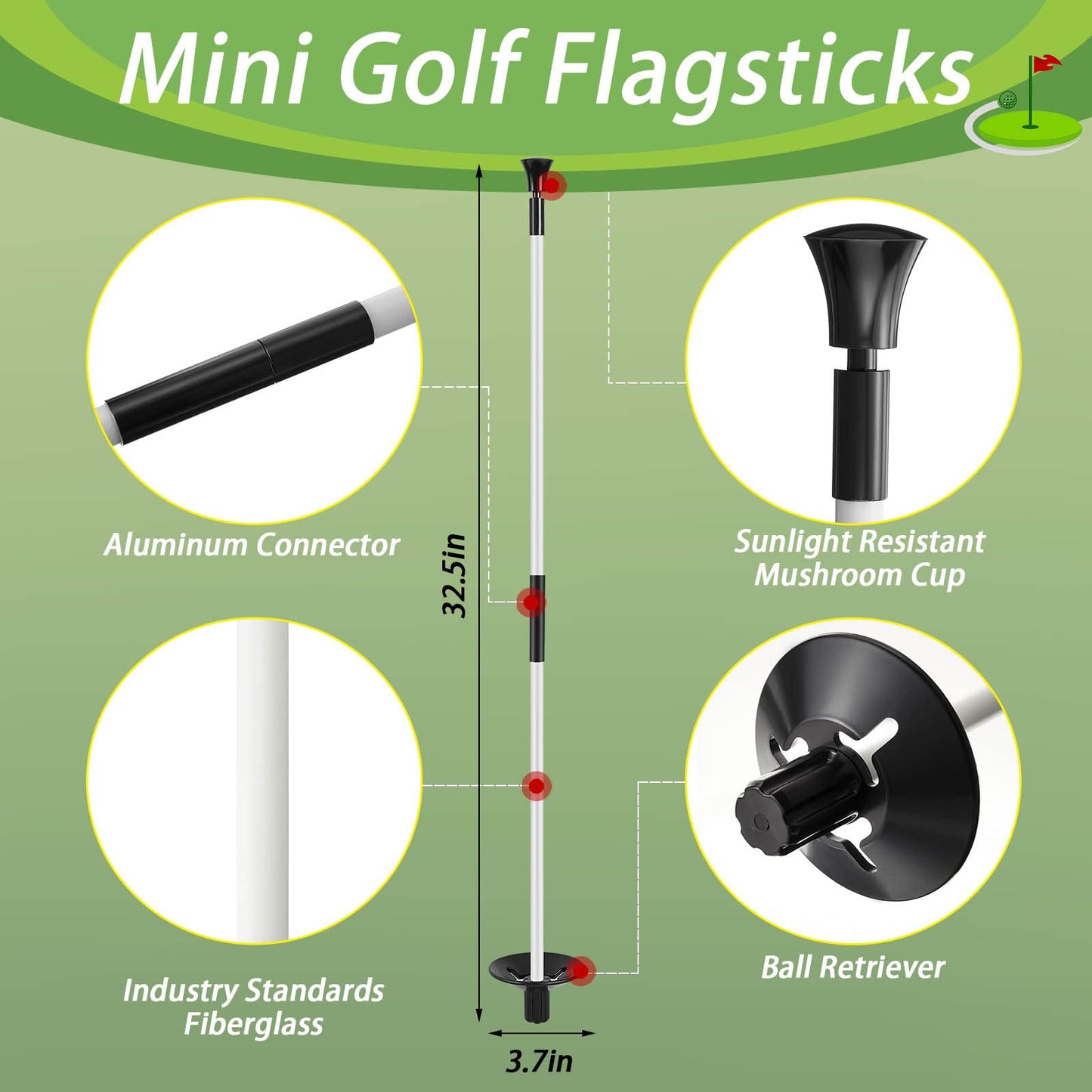 Lewtemi Set of 3 Golf Flagstick Portable Detachable Putting Green Flag Stick Fiberglass 2-section Pole Pin Flagpole for Chipping Greens Practice Golf Course Backyard Indoor Outdoors, 3 Feet