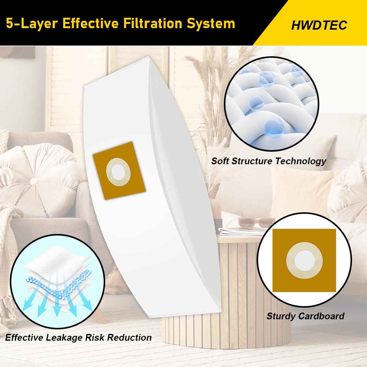 HWDTEC 6 Pack Type Y HEPA Vacuum Bags for Hoover Style Y, Z, YZ WindTunnel Upright Vacuum Cleaners, Replacement Part 4010100Y, AH10040, 902481001, 4010801Y, AH10165