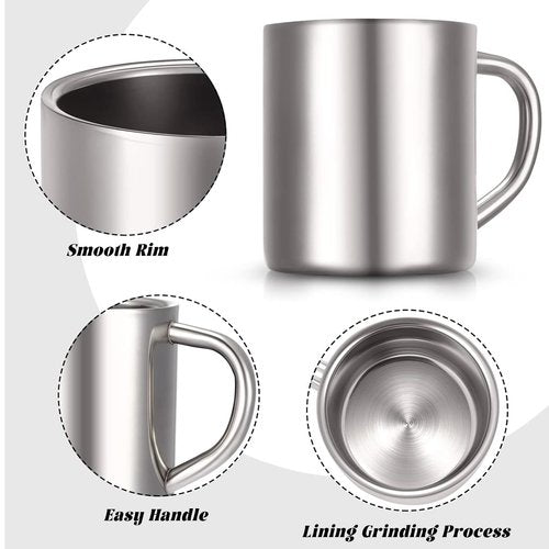 Cunhill 4 Set Small Stainless Steel Coffee Mug 10oz/300ml Metal Double Walled Cups Camping Mug with Handle Dishwasher Safe Tea Cups for Camping Travel Outdoors Rv Keep Drinks Hot