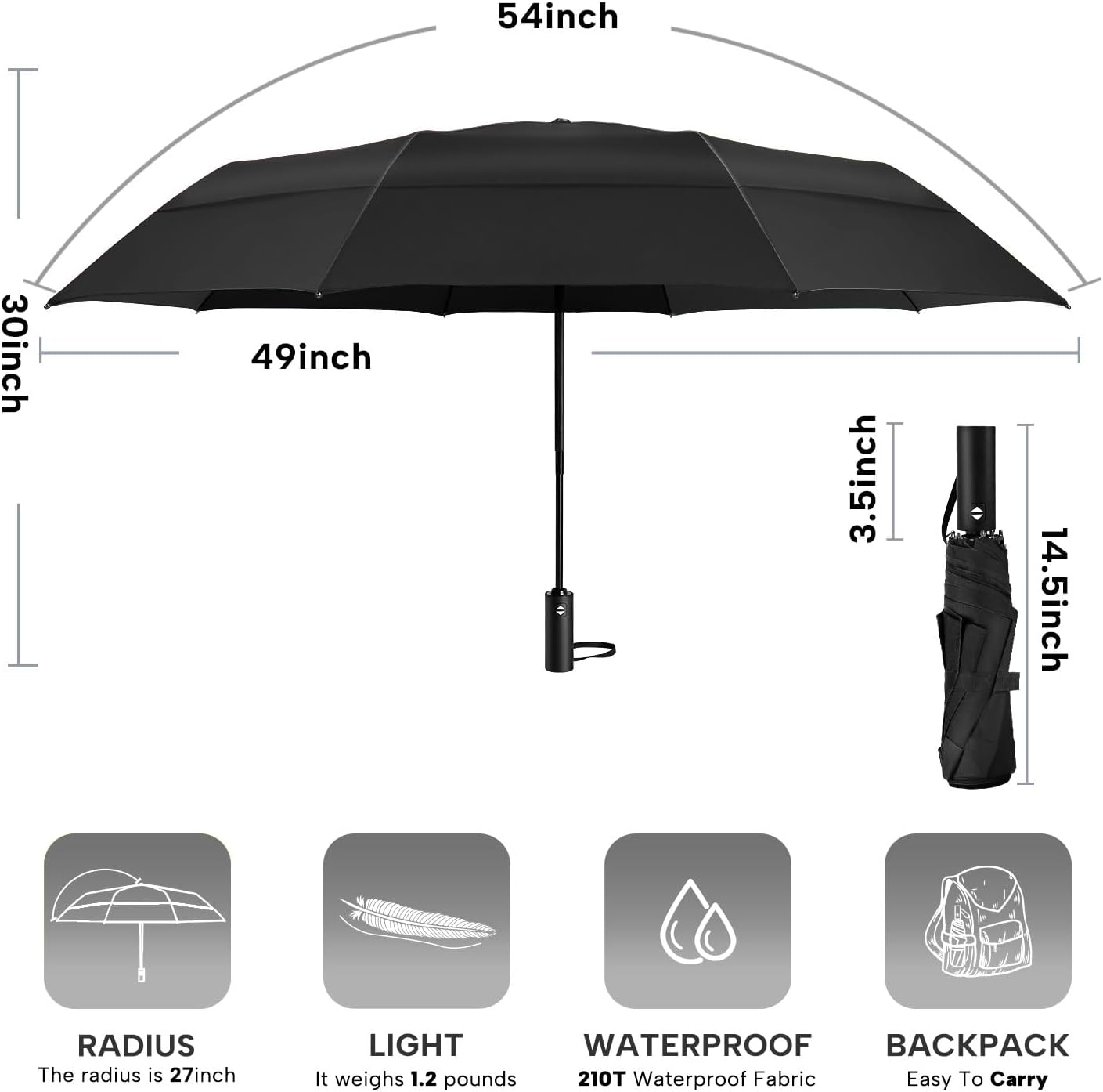 Skiennix Golf Umbrella - Oversized 54-Inch Double Layer Windproof Black Folding Umbrella