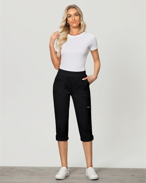 GRAPENT Capri Cargo Pants - High Waisted, Stretch Twill with Pockets - Comfortable & Stylish Design