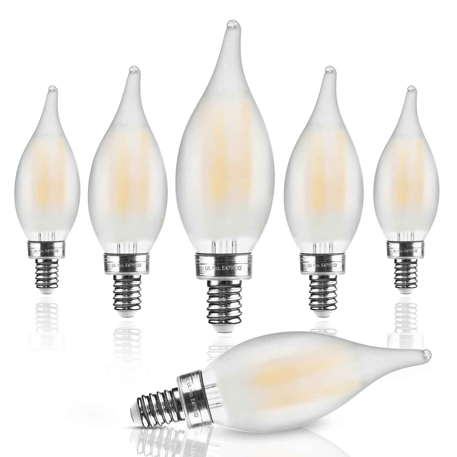 Hizashi LED Frosted Candelabra Light Bulbs, E12 LED Bulb 40W Equivalent, Dimmable, 2700K Warm White Chandelier Light Bulbs, 90+CRI, 450LM, Flame Tip CA10, UL Listed, 6 Pack